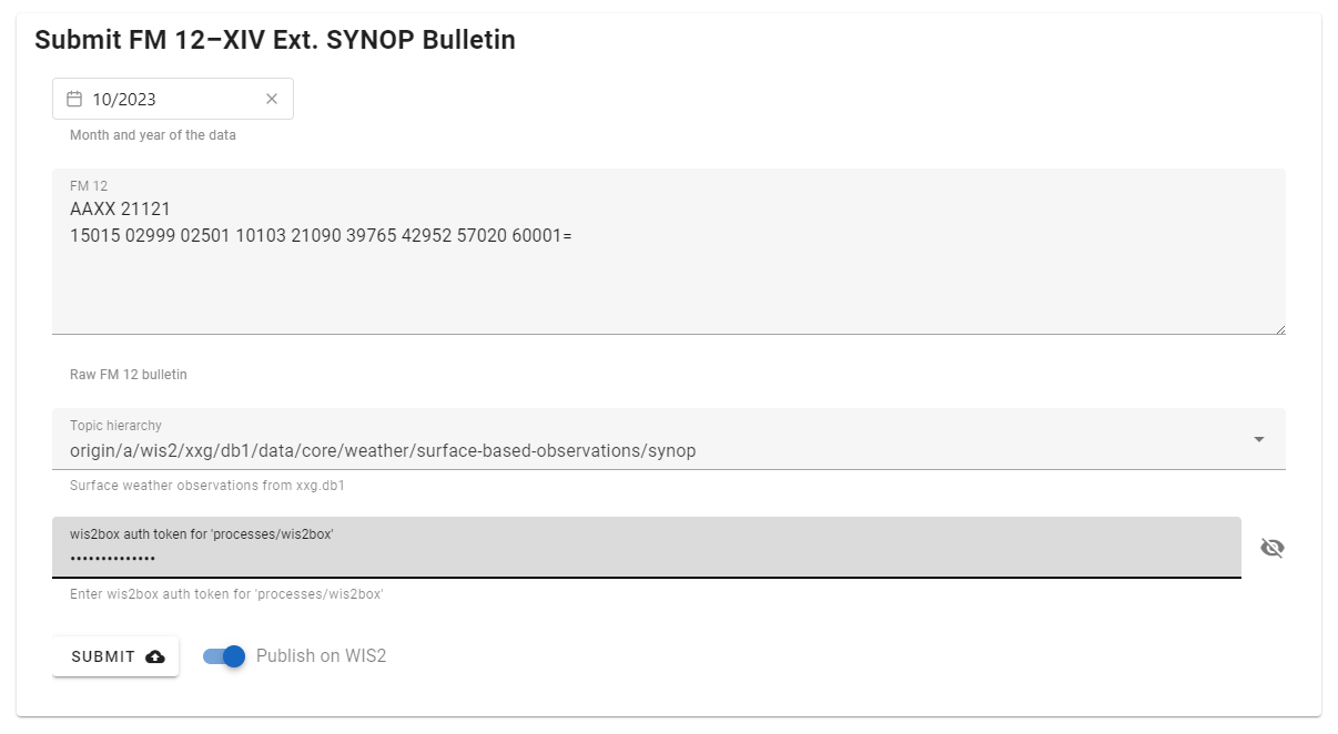 Dialog showing synop2bufr page, including toggle button